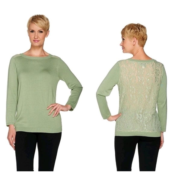 Linea by Louis Dell'olio Green Sweater Lace Back - Picture 1 of 13